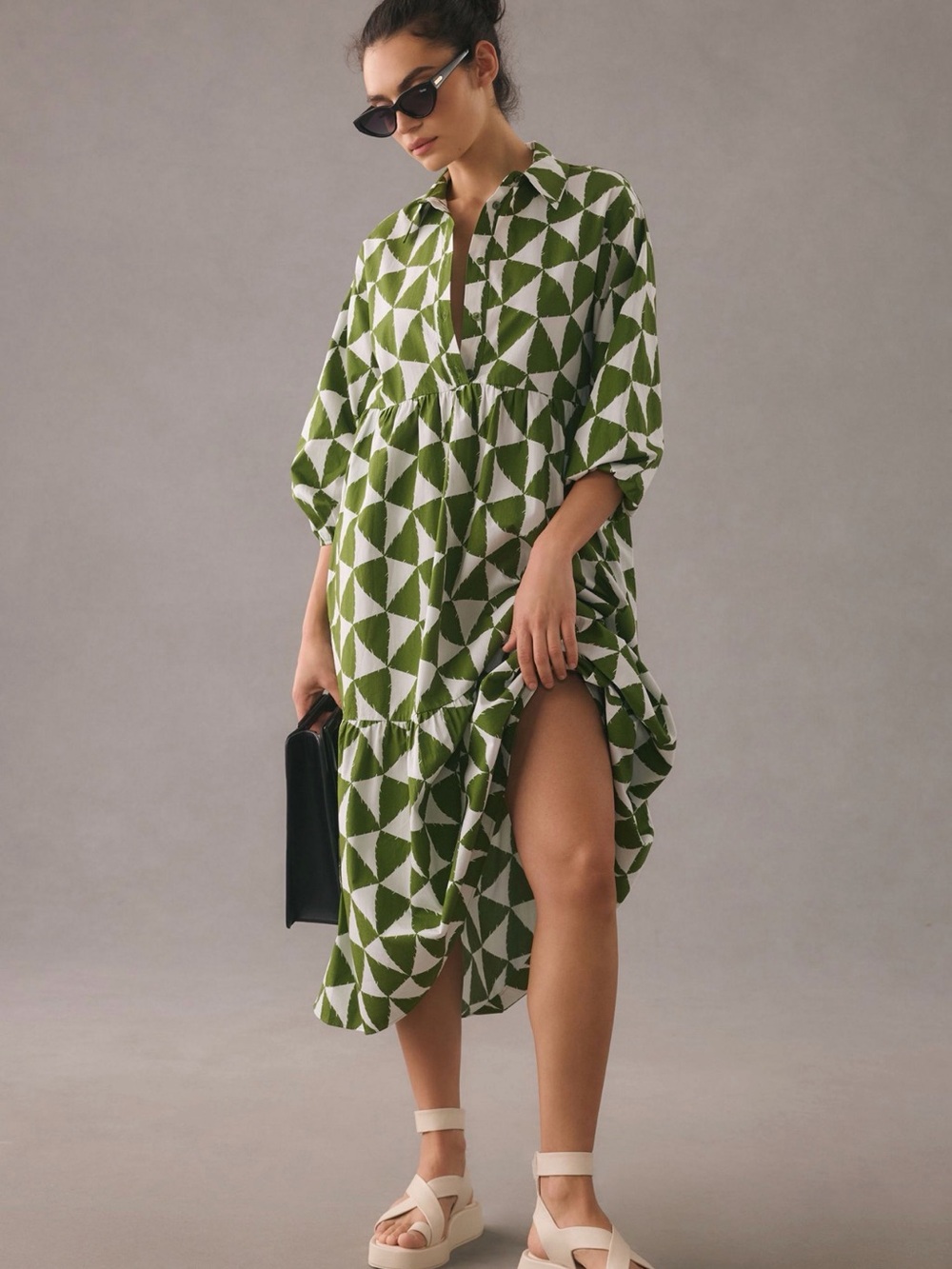 Maeve Bettina Tiered Shirt Dress | MOSS Olive Green and White Maxi Dress